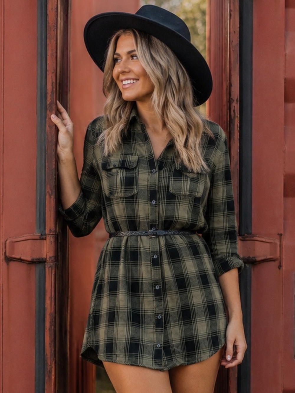 . Shop Hope’s Long Sleeve Fall Buffalo Plaid Olive Belted Dress